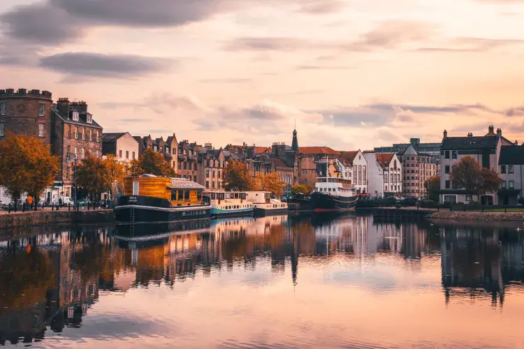 The Shore, Edinburgh - the sky, buildings and boats reflecting on water